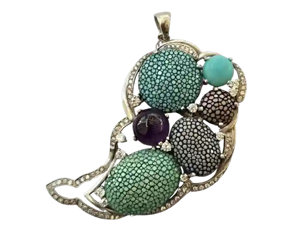 Silver pendant stingray with amethyst and turquoise