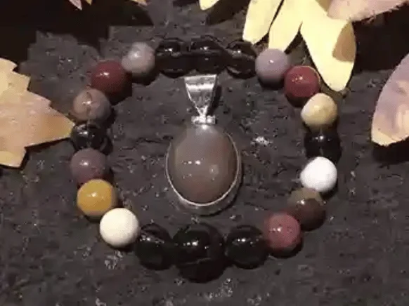 Smoky Quartz, Tiger’s Eye & Mookaite Bracelet with Moonstone Silver Pendant Set