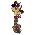 Handcrafted black silver pendant with natural rose quartz, garnet gemstones, and gold-plated floral accents.