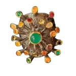 Handcrafted black silver ring with gold plating featuring fancy sapphire, fire opal, and colorful natural gemstones in a celestial starburst design.