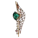 Handcrafted black silver pendant with gold plating, natural green quartz, and fancy sapphire gemstones in a wing-inspired design.