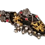 Handcrafted black silver pendant with natural jet, freshwater pearls, ruby gemstones, and gold-plated floral accents.