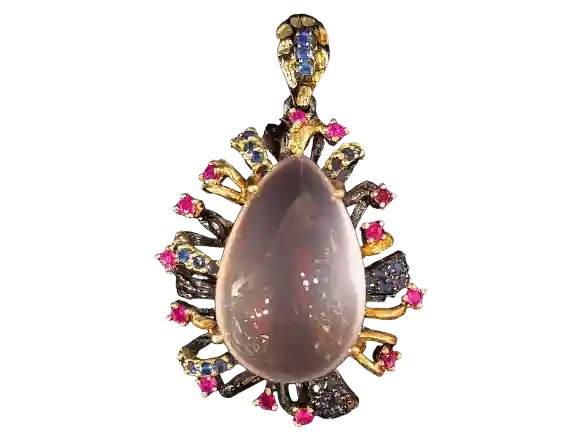 Handcrafted black silver pendant with natural rose quartz, sapphire, and ruby gemstones by Jose Santillan Jewelry Store.